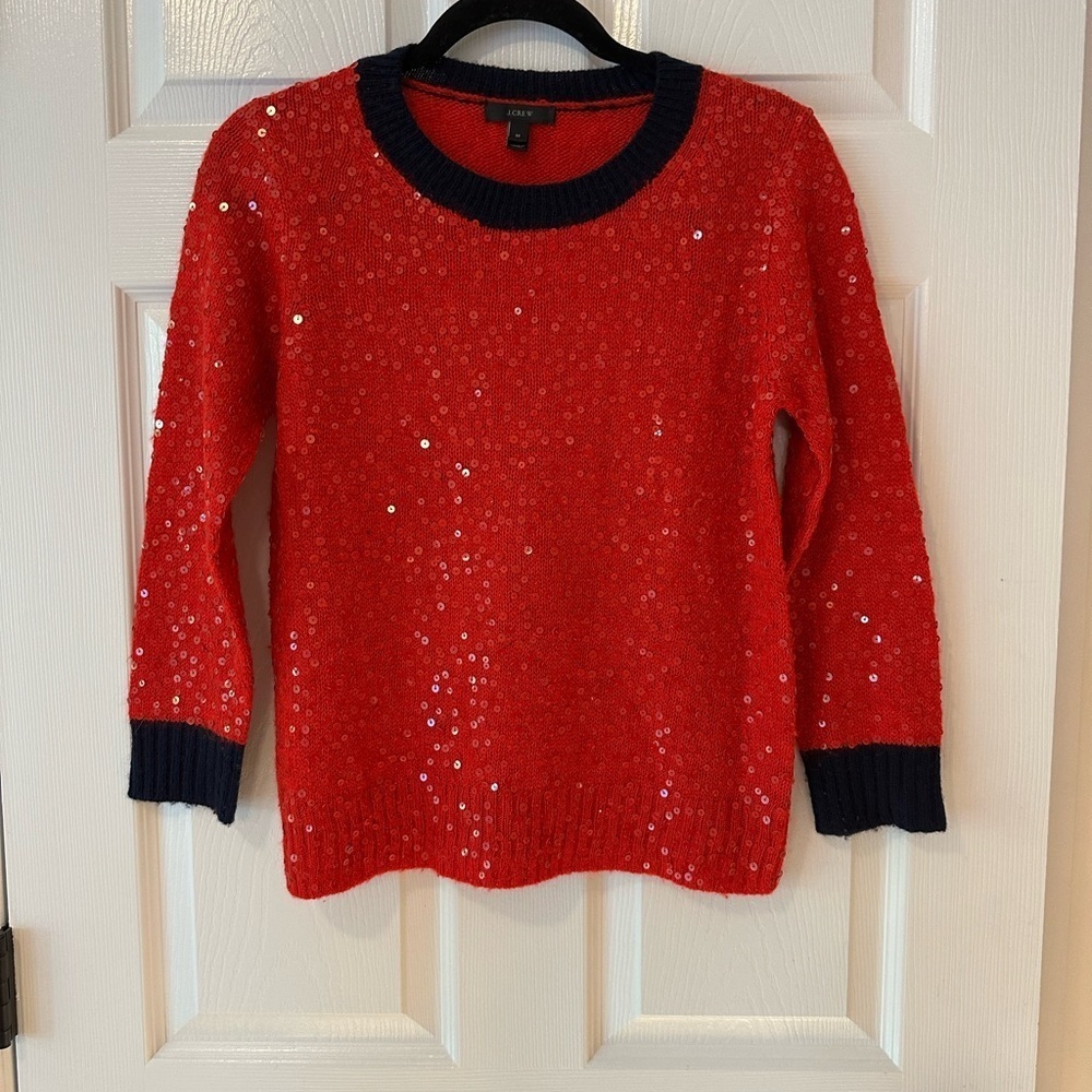 Wool and Mohair Red Sequin Sweater with Navy Trim Festive For Holidays